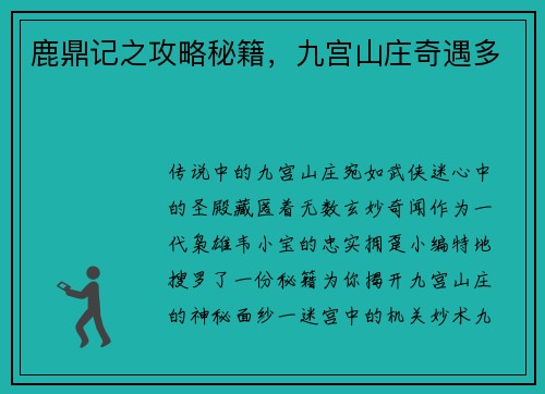 鹿鼎记之攻略秘籍，九宫山庄奇遇多